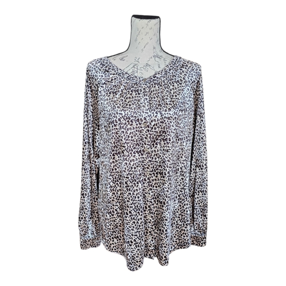 Kori Black Cream Velvet Cheetah Print Long Sleeve Button Front Blouse Top M
